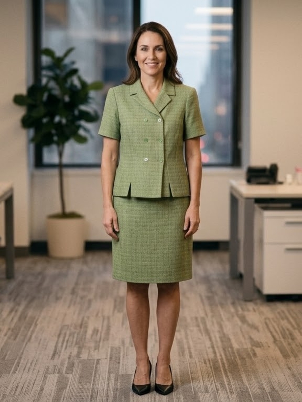 Blacker Light Green Tweed Skirt Set - Short Sleeve Double-Breasted Jacket